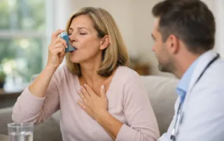 Woman using an inhaler to ease breathing while a clinician watches nearby.