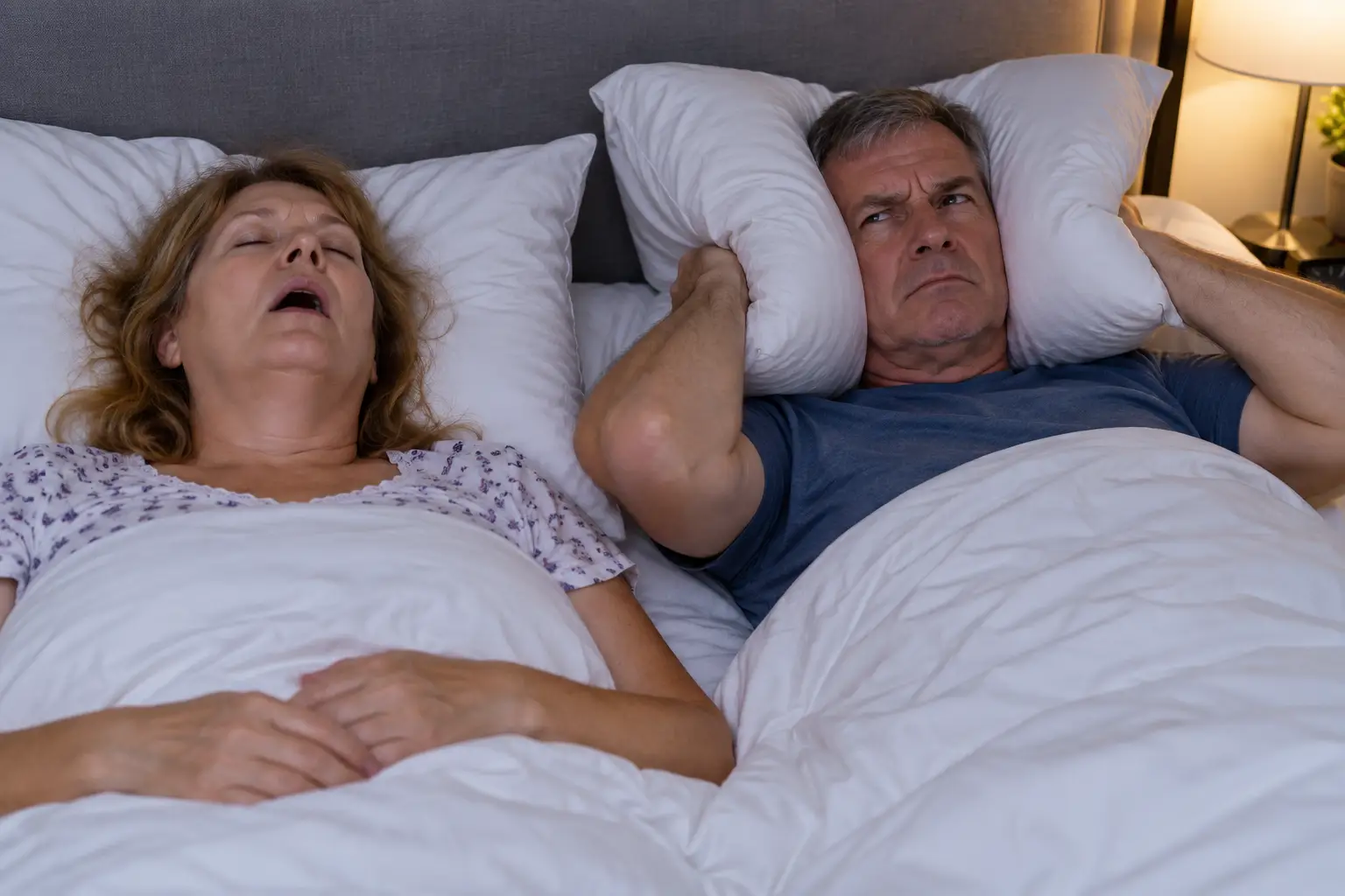 Couple in bed, the woman yawning with eyes closed while the man holds pillows over his ears, likely due to loud snoring.
